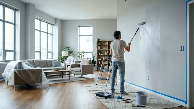 Painter rolling a living room wall in a Gardena apartment